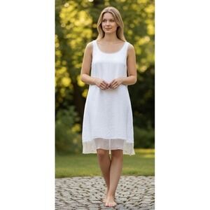 Dana B & Karen Shift‎ Dress Womens 6 White Excellent Linen Sheer Trim Scoop Neck